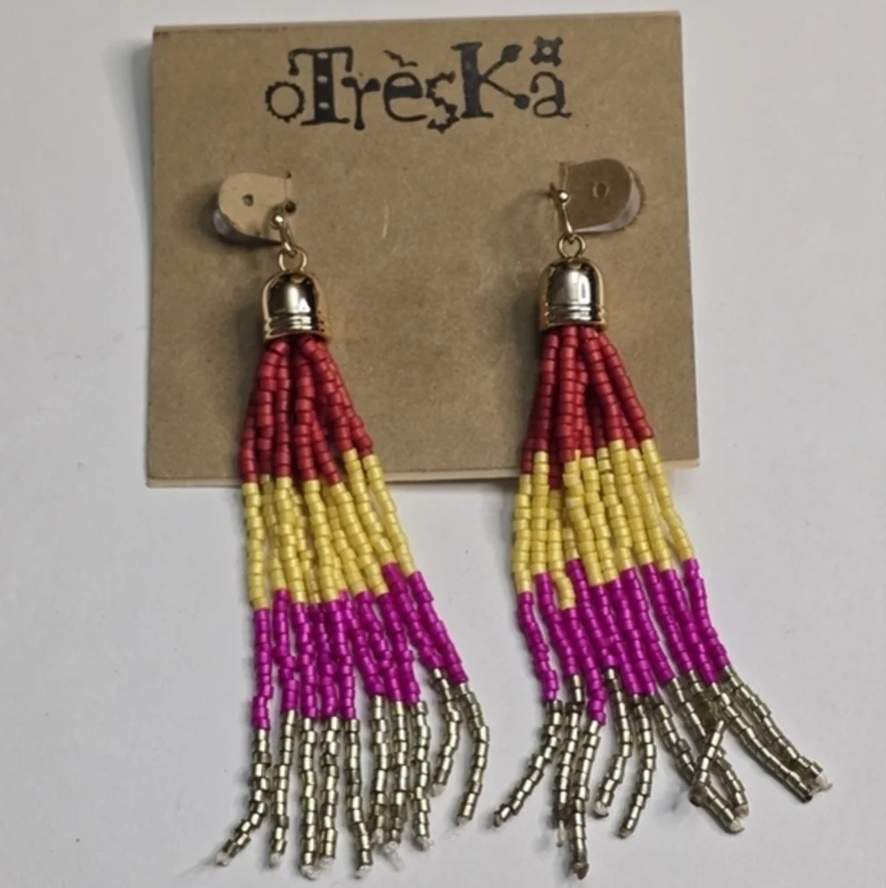 Treska Beaded Tassel Earrings‎ Red Yellow Pink Silver Fringe Drop Boho Statement